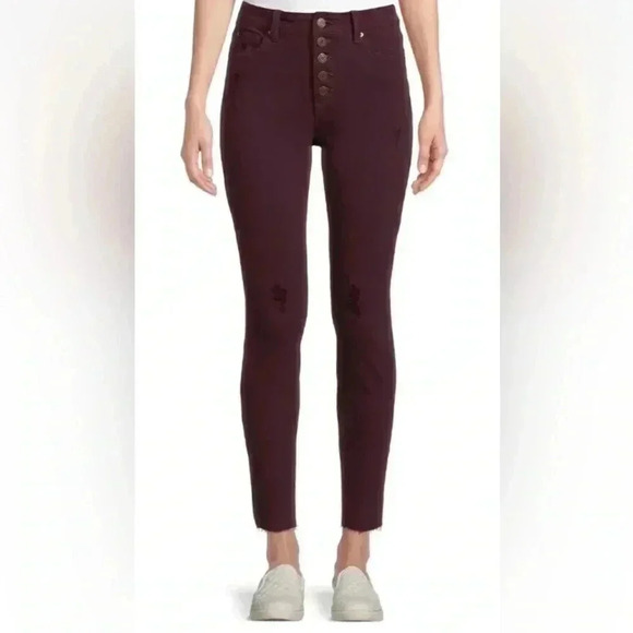 Time And Tru Burgundy Purple Jeans Pants Button Fly Skinny Stretch Women Size 6 - Picture 1 of 15